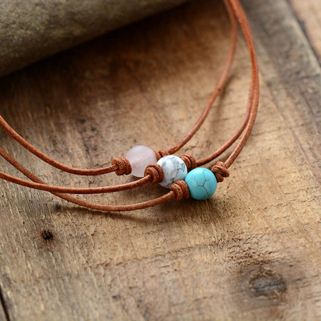 collier ethnique en howlite, quartz rose ou turquoise - l'atelier d'eos