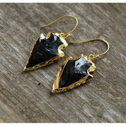 Boucles d'oreilles Flèches dorées en Obsidienne