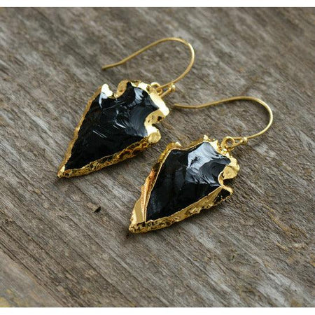 Boucles d'oreilles Flèches dorées en Obsidienne