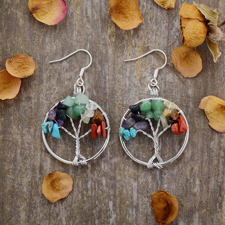 Boucles d'oreilles arbre de vie et 7 chakras