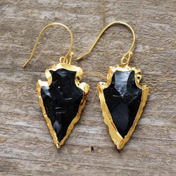 Boucles d'oreilles Flèches dorées en Obsidienne